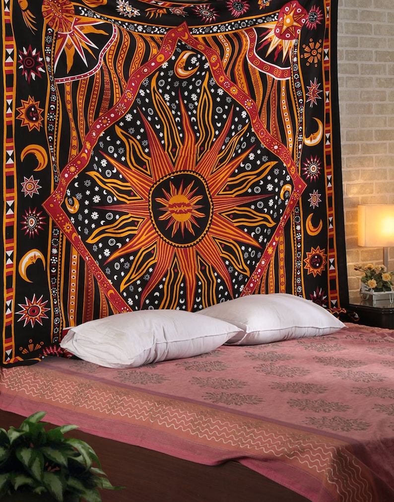 Boho Orange Burning Sun Wall Hanging Tapestry Hippie Sun Moon Etsy