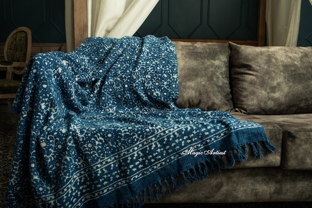 Warm and Heavy Blankets Indigo Blue Cotton Throw Blanket, Cotton Boho