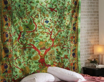 Green Tree of Life Wall Hanging Tapestry, Indian Cotton Forest Wall Art, Hippie Bedroom decor Aesthetic Blanket, Psychedelic Tapestries