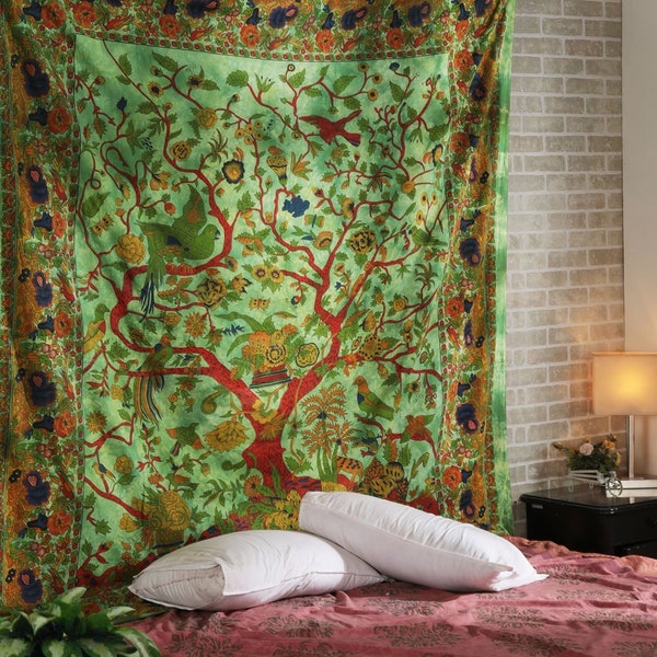 Green Tree of Life Wall Hanging Tapestry, Indian Cotton Forest Wall Art, Hippie Bedroom decor Aesthetic Blanket, Psychedelic Tapestries