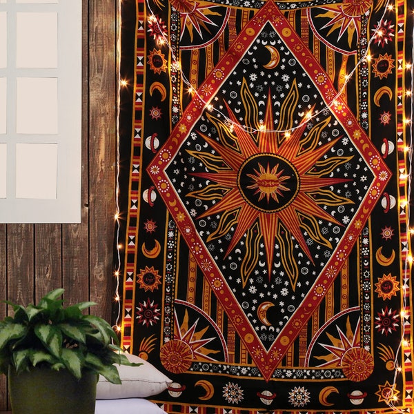 Tapiz colgante de pared Boho naranja ardiente sol, tapiz de algodón hippie sol luna para la estética del dormitorio, decoración de la habitación de tapices Trippy Planet