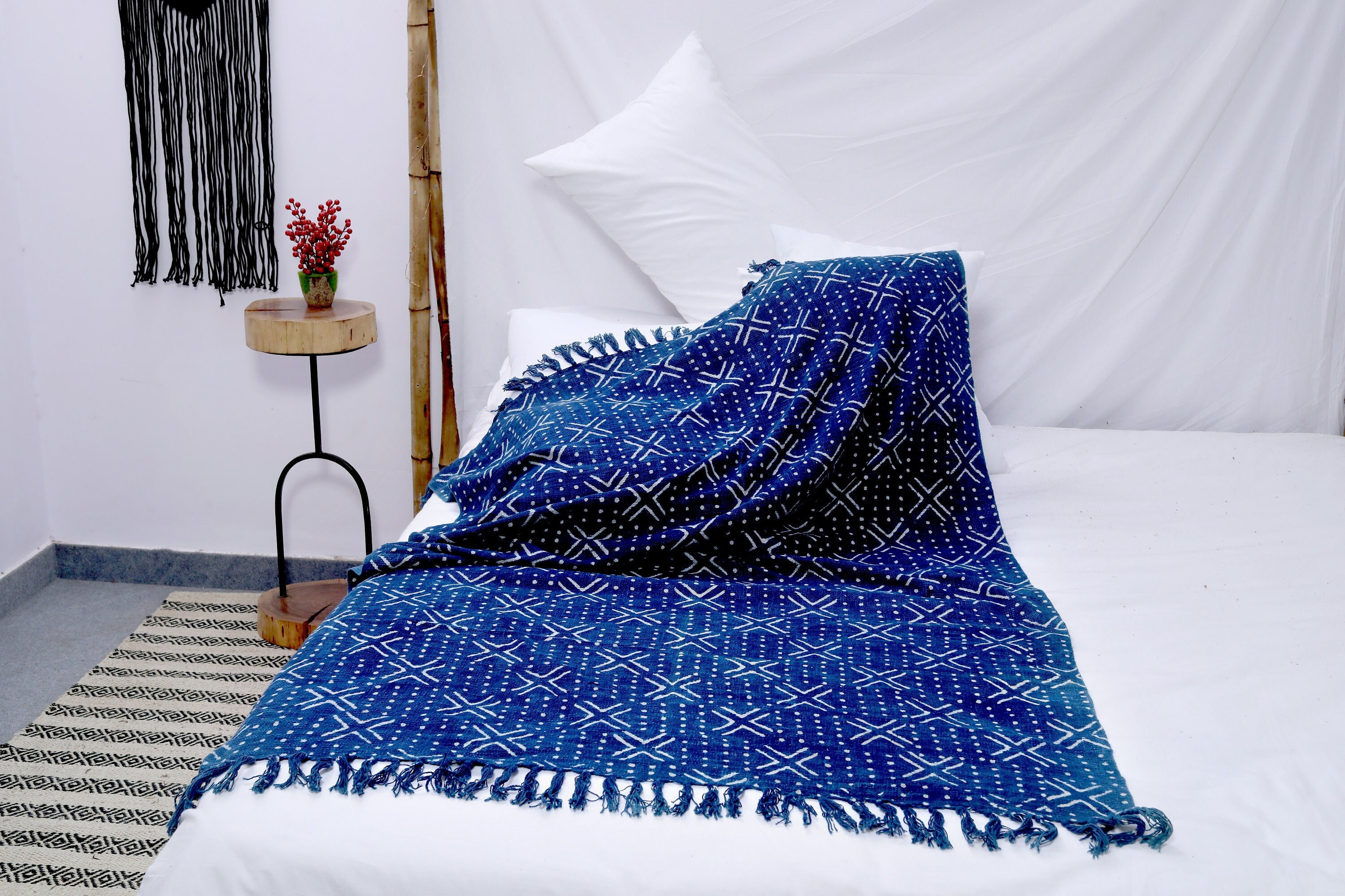 Boho Indigo Blue Throw Woven Blanket Block Print Soft Etsy