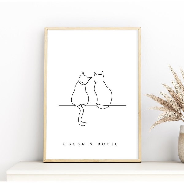 2 Cat Owner Wall Art, 2 Cats Line Drawing Print, Cat Wall art, Personalised Cat Print, Personalise Cat Gift, Pet Print, Cat Lover Gift