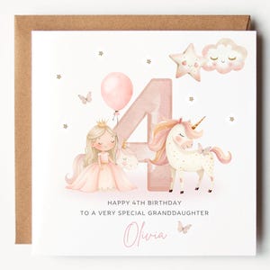 May include: A birthday card with a brown border features a princess, unicorn, and the number 4. The card includes a pink balloon, stars, and the text "Happy 4th Birthday To a Very Special Granddaughter Olivia."