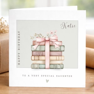 Personalised Daughter Birthday Book Lover Card, Custom Name, Book Stack Card