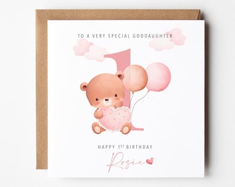 Personalised 1st 2nd 3rd Birthday Card, Cute Teddy Bear For Daughter Granddaughter Niece Goddaughter, Age Birthday Card, Toddler Birthday