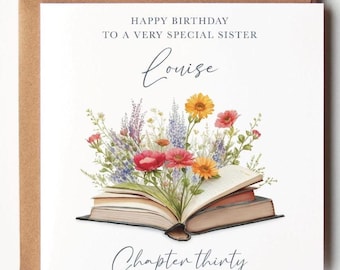 Tarjeta de cumpleaños número 30 personalizada, diseño floral para amantes de los libros, capítulo treinta