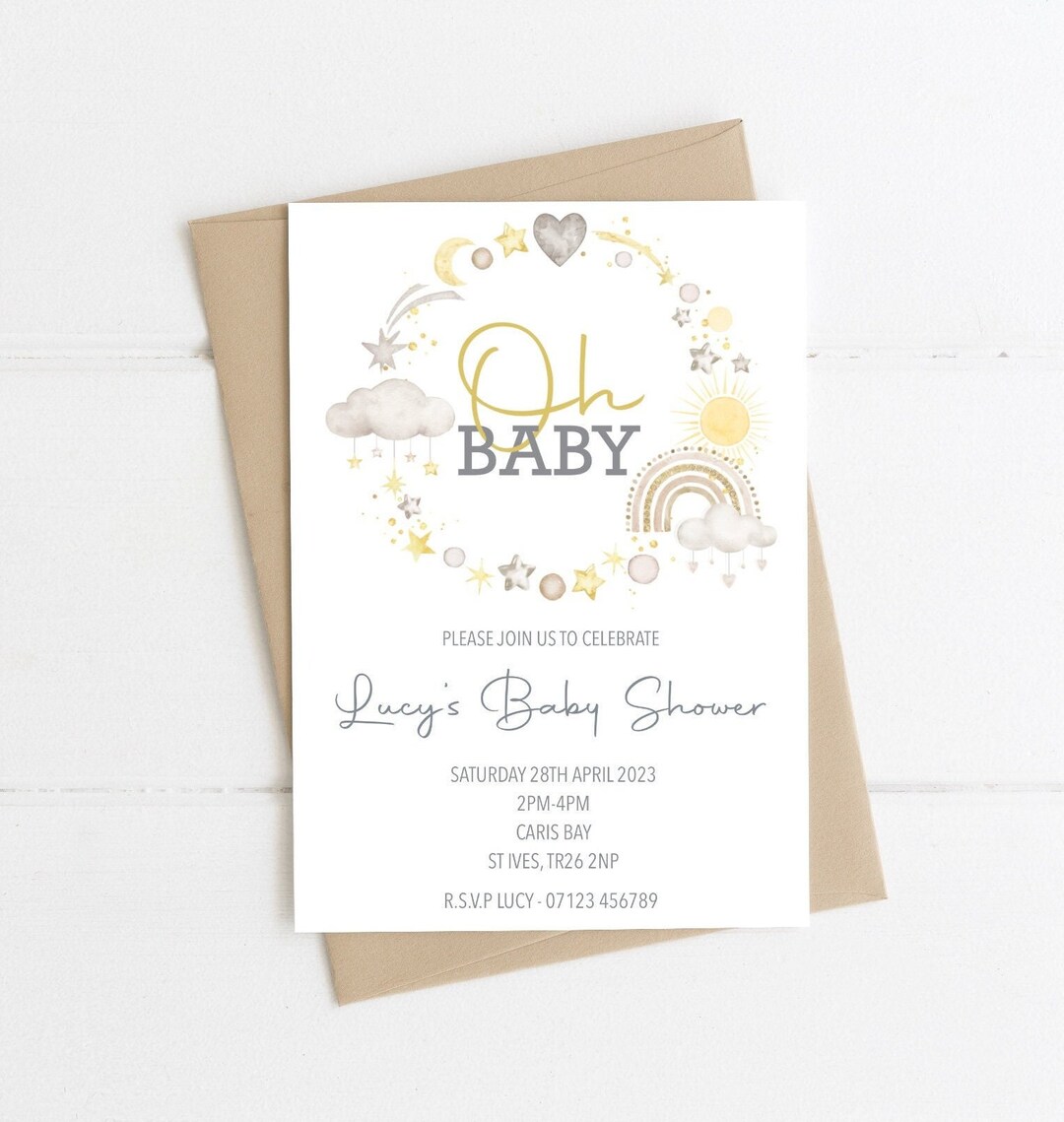 Personalised Baby Shower Invitations Printed or Digital Copy. Neutral