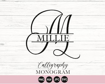 May include: Calligraphy monogram with the name "MILLIE" written in a split font style. The letters are in a black script font on a white wood background.