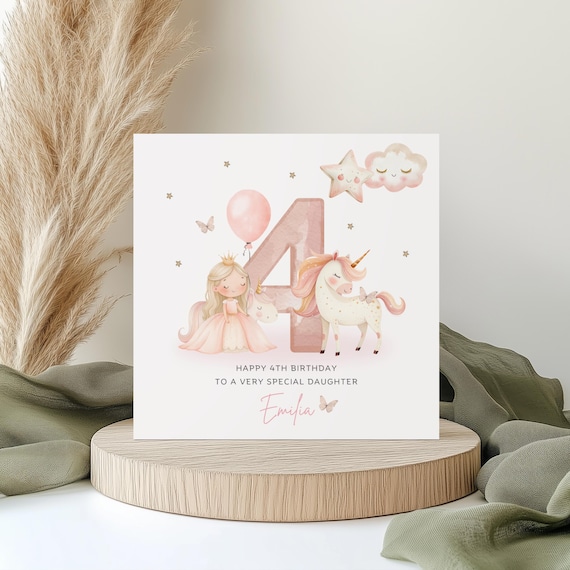 Personalised Unicorn 4th Birthday Card: 4th Birthday Card For Daughter, Niece, Unicorn Princess Birthday, Granddaughter, Goddaughter