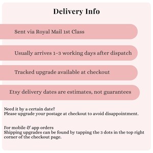 May include: A graphic with the title "Delivery Info" and details about shipping. Text includes "Sent via Royal Mail 1st Class", "Usually arrives 1-3 working days after dispatch", and "Tracked upgrade available at checkout".