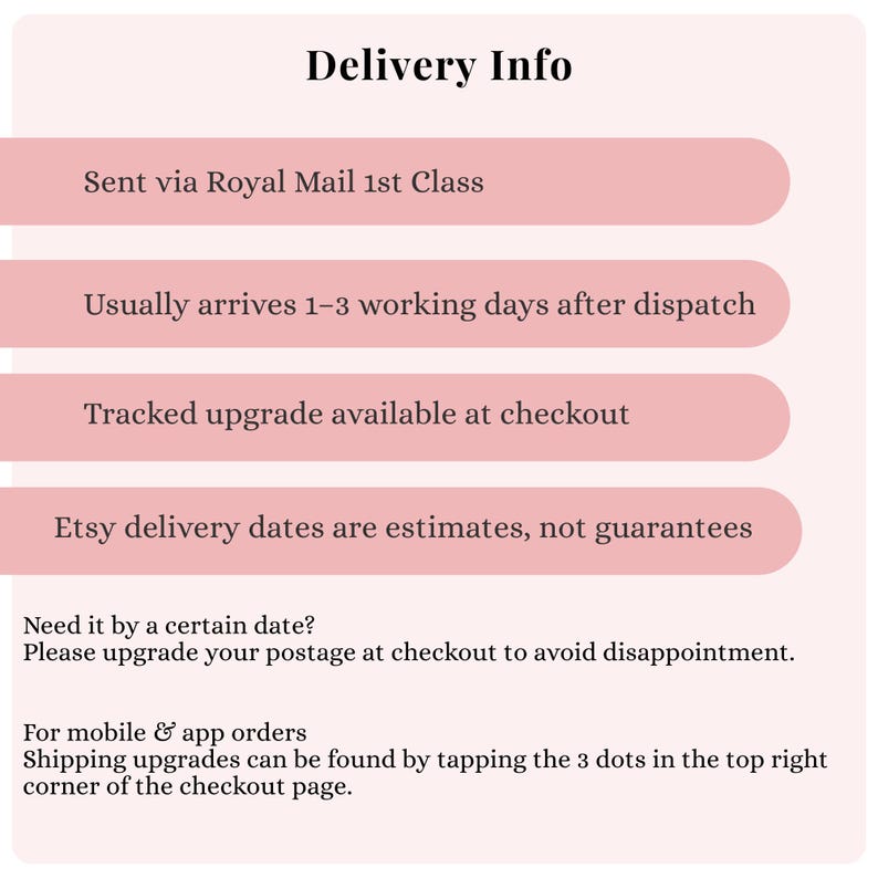 May include: A graphic with the title "Delivery Info" and details about shipping. Text includes "Sent via Royal Mail 1st Class", "Usually arrives 1-3 working days after dispatch", and "Tracked upgrade available at checkout".