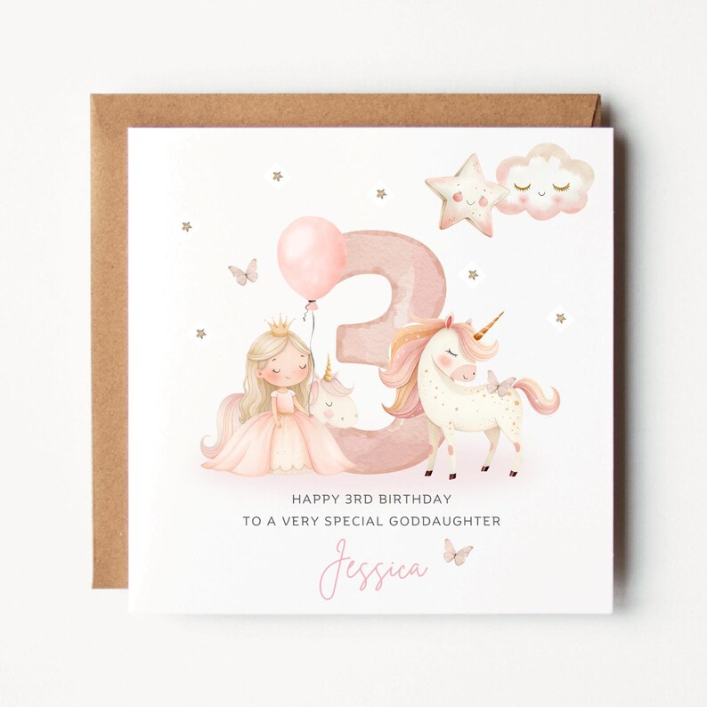 May include: A square birthday card featuring a large pink number 3, a princess, a unicorn, a balloon, stars, and clouds. The text reads: HAPPY 3RD BIRTHDAY TO A VERY SPECIAL GODDAUGHTER, followed by the name Jessica in pink script.