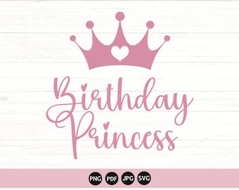May include: Pink graphic design with the text "Birthday Princess" in a cursive font. A pink crown with a white heart in the center is above the text.