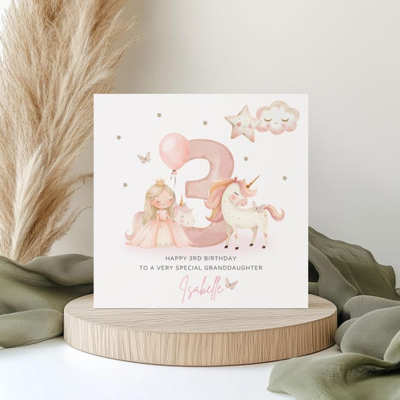 Personalised Unicorn 3rd Birthday Card: 3rd Birthday Card For Daughter, Niece, Unicorn Princess Birthday, Granddaughter, Goddaughter