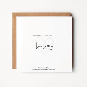 May include: A square white card with a brown envelope. The card features the text "Personalised for you by" above a heart-shaped logo with the words "Love Letters Prints". Below the logo is the text "Find us on Etsy" and a website address.