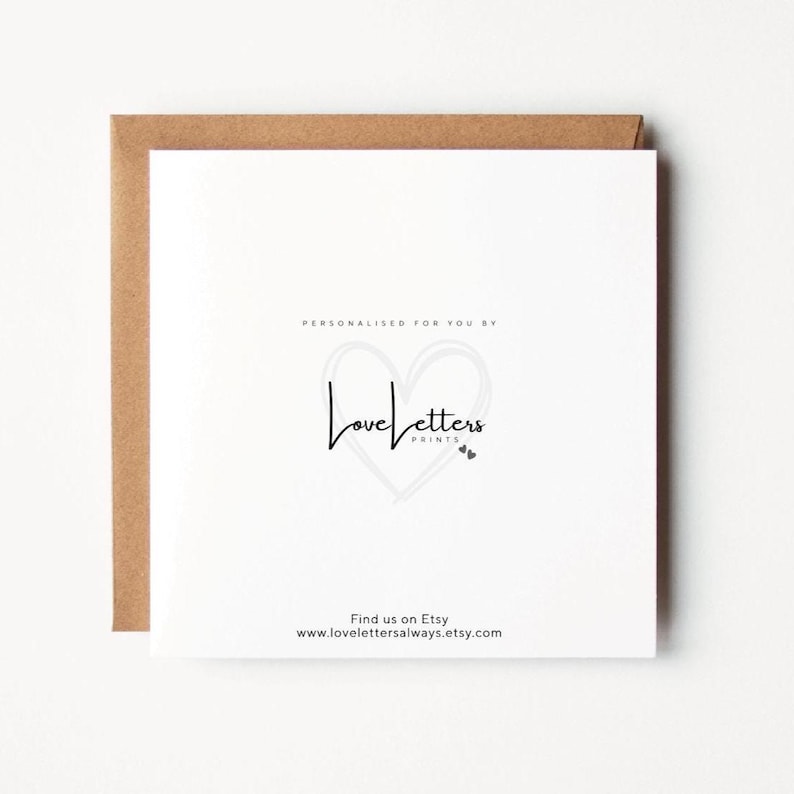 May include: A square white card with a brown envelope. The card features the text "Personalised for you by" above a heart-shaped logo with the words "Love Letters Prints". Below the logo is the text "Find us on Etsy" and a website address.