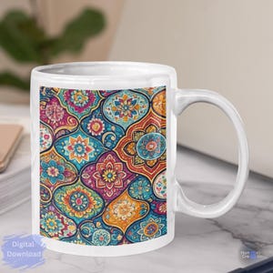 May include: White ceramic mug featuring a colorful, intricate pattern of floral and geometric shapes in shades of blue, pink, orange, and yellow. The mug has a curved handle and the text "Digital Download".