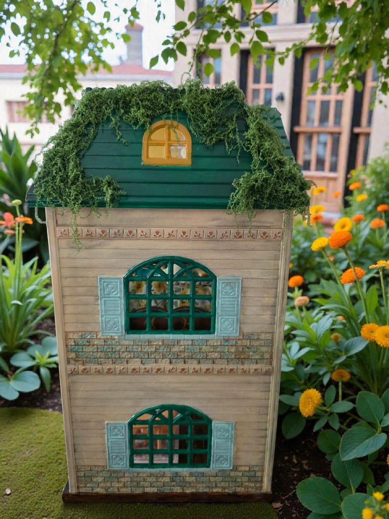 K&ouml;nnte beinhalten: Ein Miniatur-Puppenhaus aus Holz mit einem gr&uuml;nen Dach, das mit Gr&uuml;n bedeckt ist. Das Haus hat zwei gew&ouml;lbte Fenster mit gr&uuml;nen Rahmen und blauen Fensterl&auml;den. Die W&auml;nde sind hellbeige mit Ziegeldetails.