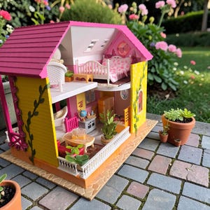 May include: A detailed dollhouse with a yellow exterior, pink roof, and multiple rooms. The house features miniature furniture, including a bed, table, and chairs. The dollhouse is set on a stone patio, with potted plants in the foreground and a garden in the background.