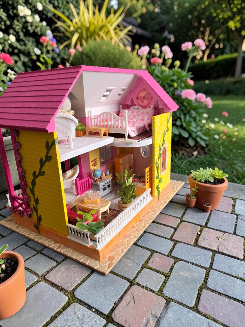 May include: A detailed dollhouse with a yellow exterior, pink roof, and multiple rooms. The house features miniature furniture, including a bed, table, and chairs. The dollhouse is set on a stone patio, with potted plants in the foreground and a garden in the background.