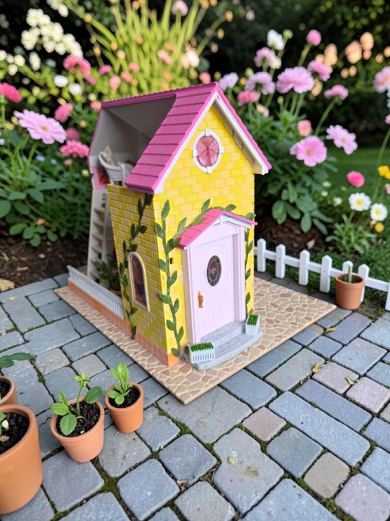 May include: A miniature yellow house with a pink roof and door, adorned with green vines. The house has a small white fence and is set on a brick patio, with small potted plants nearby. The background features a garden with pink flowers.