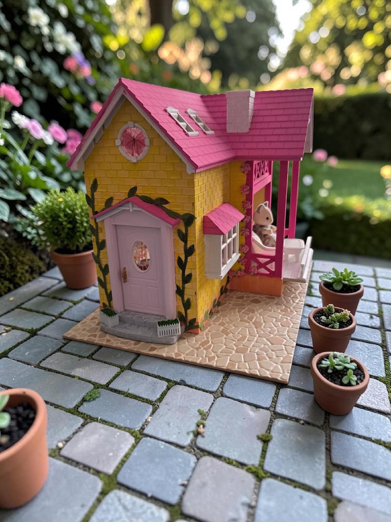 May include: A miniature yellow house with a pink roof, door, and porch. The house has a small porch with a white bench and a doll sitting on it. Several small potted plants are arranged around the house on a stone patio.