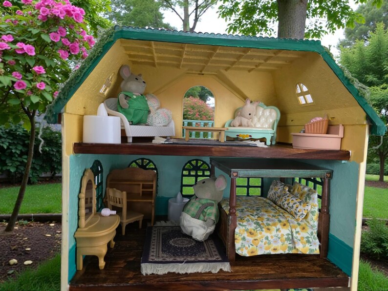 K&ouml;nnte beinhalten: Ein detailliertes Puppenhaus mit mehreren Zimmern, eingerichtet mit Miniaturm&ouml;beln und Figuren. Das Haus hat eine gelbe Fassade mit gr&uuml;nen Zierleisten und einem gr&uuml;nen Dach. Die Zimmer sind mit Miniaturm&ouml;beln eingerichtet, darunter ein Bett, ein Sofa und ein Schminktisch. Das Haus befindet sich im Freien.