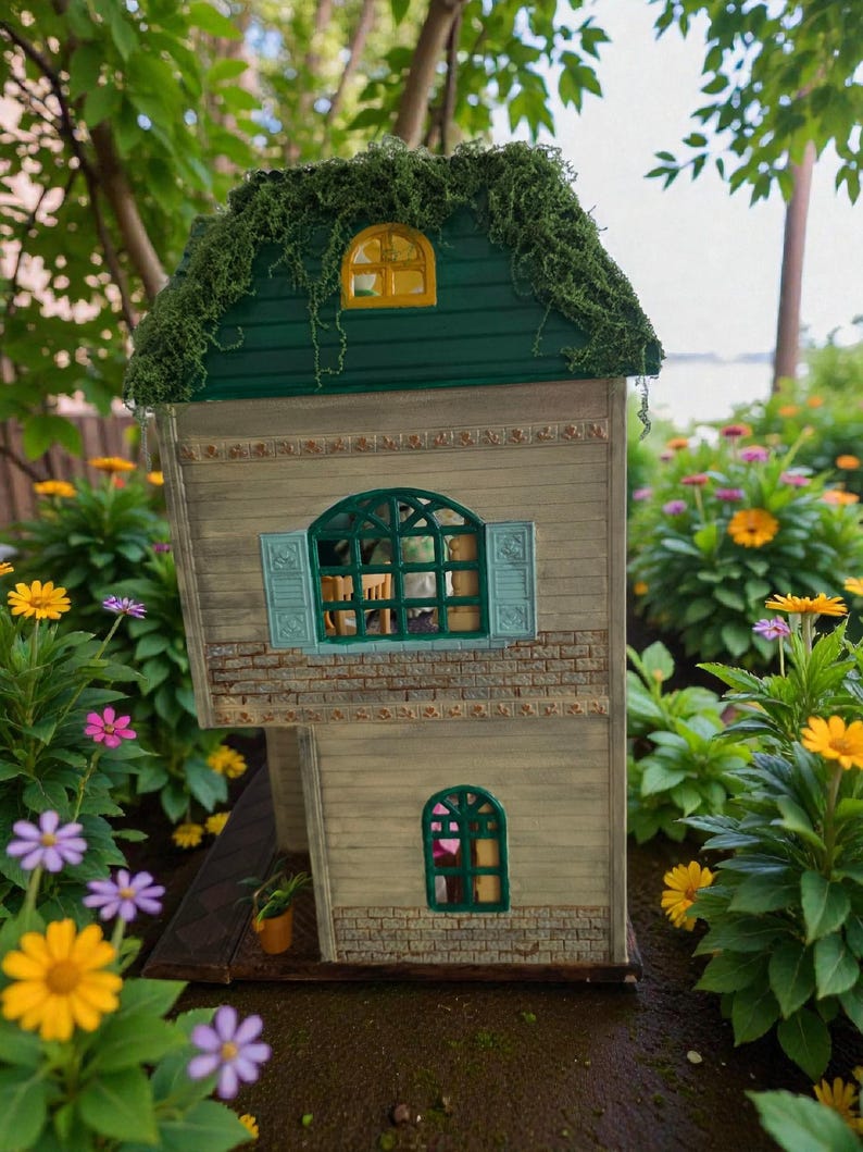 K&ouml;nnte beinhalten: Ein Miniatur-Holzhaus mit einem gr&uuml;nen, moosbedeckten Dach, einem gr&uuml;nen und gelben Fenster und hellblauen Fensterl&auml;den. Das Haus ist von bunten Blumen umgeben, darunter gelbe, rosa und lila G&auml;nsebl&uuml;mchen, was eine skurrile Gartenszene schafft.