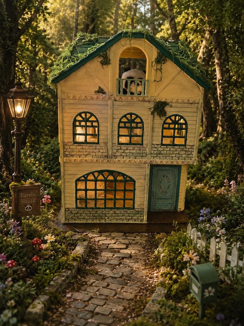 K&ouml;nnte beinhalten: Ein skurriles, zweist&ouml;ckiges Panda-Haus mit gr&uuml;nem Dach und Bogenfenstern. Das Haus liegt in einem &uuml;ppigen Garten mit einem Steinweg, Blumen und einer Vintage-Laterne. Ein Panda ist auf dem Balkon zu sehen.