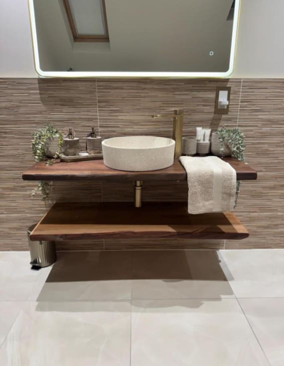 Live Edge Elm Towel Shelf, Solid Wood Rustic Bathroom Storage, UK Handmade, Custom Size