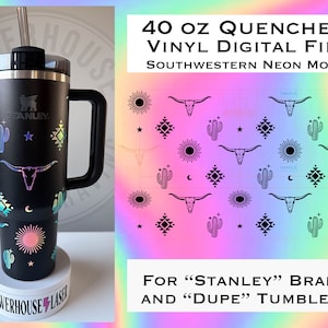 Vinyl cutting Southwestern Neon Moon Cowgirl 40oz Quencher Tumbler wrap Laser Design file.  Designed for Vinyl cutting only.