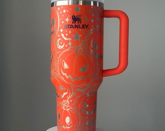 Halloween Scary Pumpkin Jack-o’-lantern Stanley 40oz Quencher. Full Engrave. Witchy Orange and Purple.