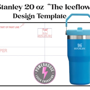 May include: A blue Stanley 20 oz "The Iceflow" tumbler with a silver lid and handle. The tumbler has a white Stanley logo with a winged bear on the front. The image also includes a "Powerhouse Laser Engraving" logo.