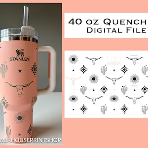 Gobelet étanche 40 oz Cowgirl aztèque du sud-ouest, conception laser. Tasse Stanley Lune/ Etoiles/ Vache/ Cactus. SVG. Brûlure lumineuse. Avec mode d'emploi !