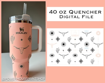 Southwestern Aztec Cowgirl 40oz Quencher Tumbler wrap Laser Design. Moon/ Stars/ Cow/ Cactus Stanley cup. SVG. Lightburn. With instructions!