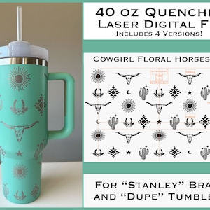 Floral Horseshoe Cowgirl 40oz Quencher Tumbler wrap Laser Design file. Artwork SVG. Lightburn for Laser Engraving. Horse back riding.