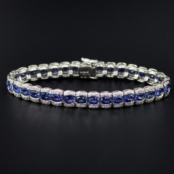 Elegant AAA 15 Ct Sapphire and Diamond Luxury Statement Tennis Bracelet in 18K White Gold 7 Inches
