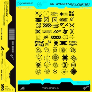 50 cyberpunk sticker graphic vector element set pack (svg), scifi hud decals collection bundle, y2k 2000s retro-future theme, gaming decore