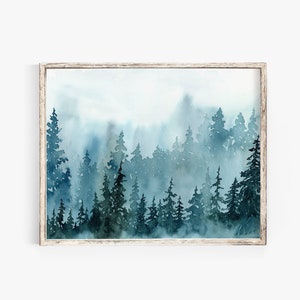 Blue Misty Evergreen Forest Watercolor Art Print, Pine Tree Landscape Painting, Pacific Northwest Nature Wall Art, Home or Office Decor