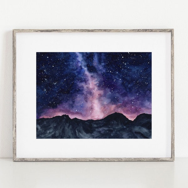 Starry Night Sky Galaxy Watercolor Art Print, Milky Way over Mountain Range Space Painting, Nature Wall Artwork, Home or Office Decor