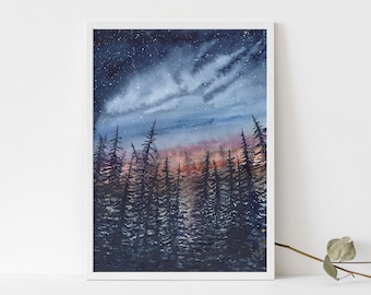 Starry Night Sky Pine Tree Watercolor Art Print, Evergreen Forest at Dusk Landscape Painting, Nature Wall Art, Home or Office Decor