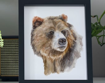Bear Watercolor Art Print, Wildlife Forest Animal Painting, Woodland Nursery Kids Room Decor, Rustic Cabin Lodge Wall Art for Nature Lovers