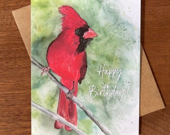 Cardinal Birthday Greeting Card, Watercolor Art Illustrated Happy Birthday Card, Red Bird Animal Card, Personalized Custom Card