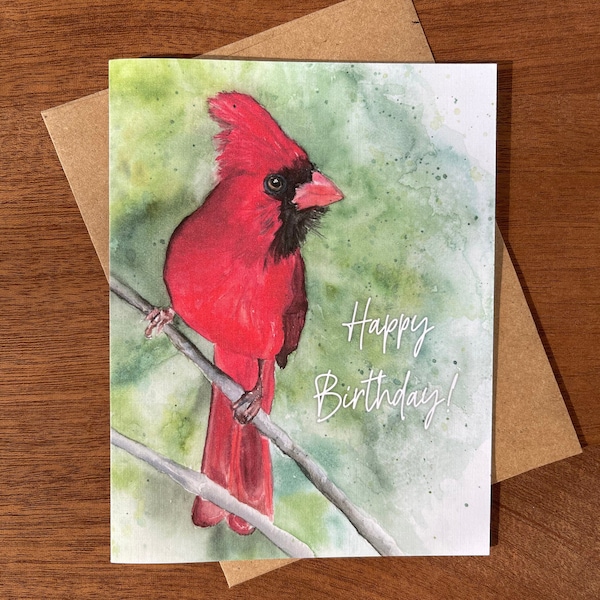 Cardinal Birthday Greeting Card, Watercolor Art Illustrated Happy Birthday Card, Red Bird Animal Card, Personalized Custom Card