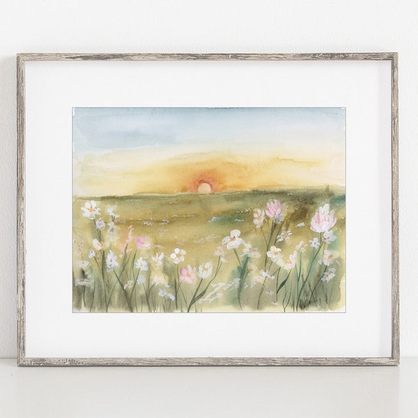 Wildflowers in Spring Watercolor Art Print, Peaceful Sunrise Meadow Landscape, Soft Pastel Nature Artwork for Home or Office Wall Decor