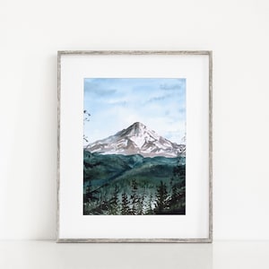Mt. Hood Mountain Watercolor Forest Landscape Art Print, Pacific Northwest Oregon Peaceful Nature Painting Wall Art, Home or Office Decor