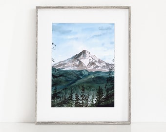 Mt. Hood Mountain Watercolor Forest Landscape Art Print, Pacific Northwest Oregon Peaceful Nature Painting Wall Art, Home or Office Decor