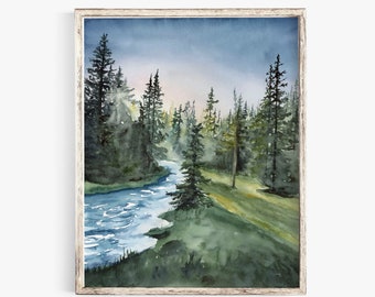 River Watercolor Art Print, Evergreen Forest Stream Canvas Print, Peaceful Light Rays over Pine Trees Scene, Nature Wall Decor, Home Decor