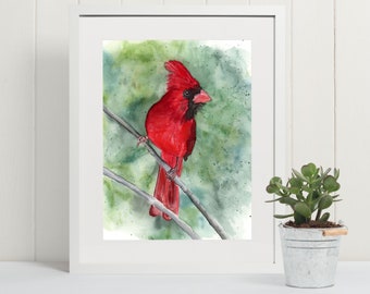 Cardinal Bird Print from Watercolor Painting, Bird Wall Art, Colorful Wildlife Animal Decor, Cabin or Lodge Decor, Gift for Bird Lovers